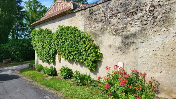 A rustic building with a stone wall and a tiled roof, surrounded by lush greenery and flowering plants.