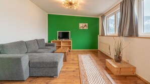 En stue med en grå sofa, et træ sofabord, et fjernsyn på et træstel, en grøn accentvæg, et vindue med grå gardiner og en radiator.