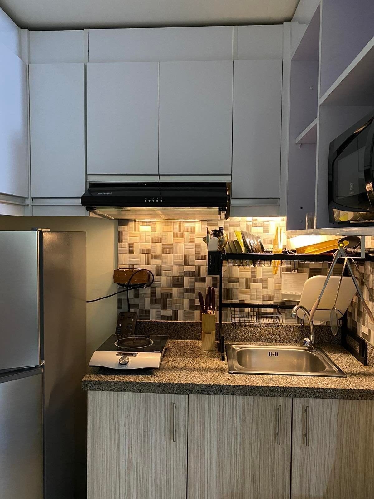 Fridge, microwave, oven, electric kettle