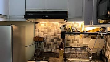 Fridge, microwave, oven, electric kettle