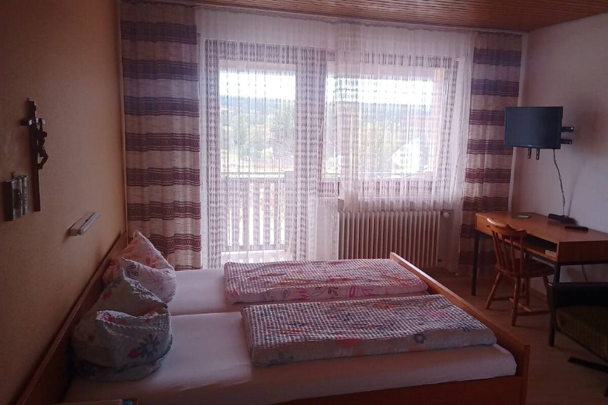 Een kamer met een bed, een bureau, een stoel, een radiator en een televisie.