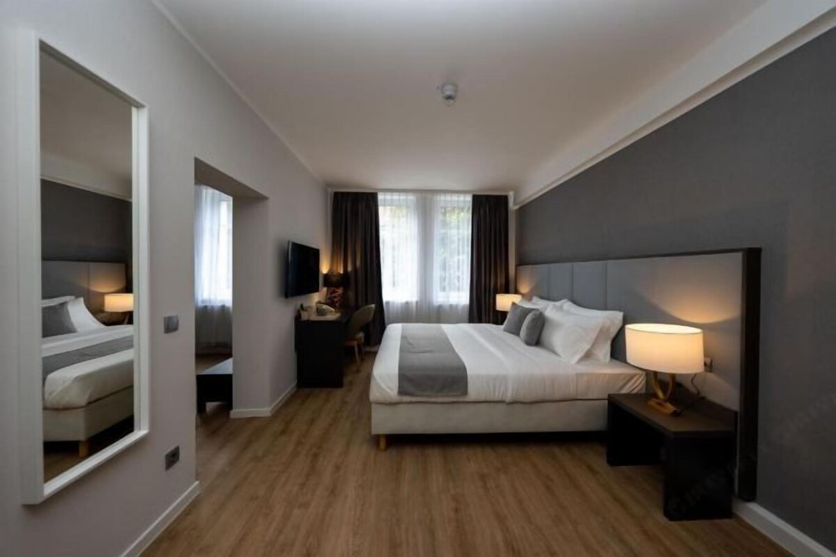 A modern hotel room with a large bed, bedside tables, a TV, and a mirror.