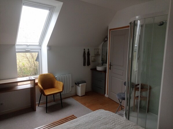 Une chambre avec un puits de lumière, un lit, une chaise, une table de chevet, un radiateur, une salle de bain avec douche et des toilettes.