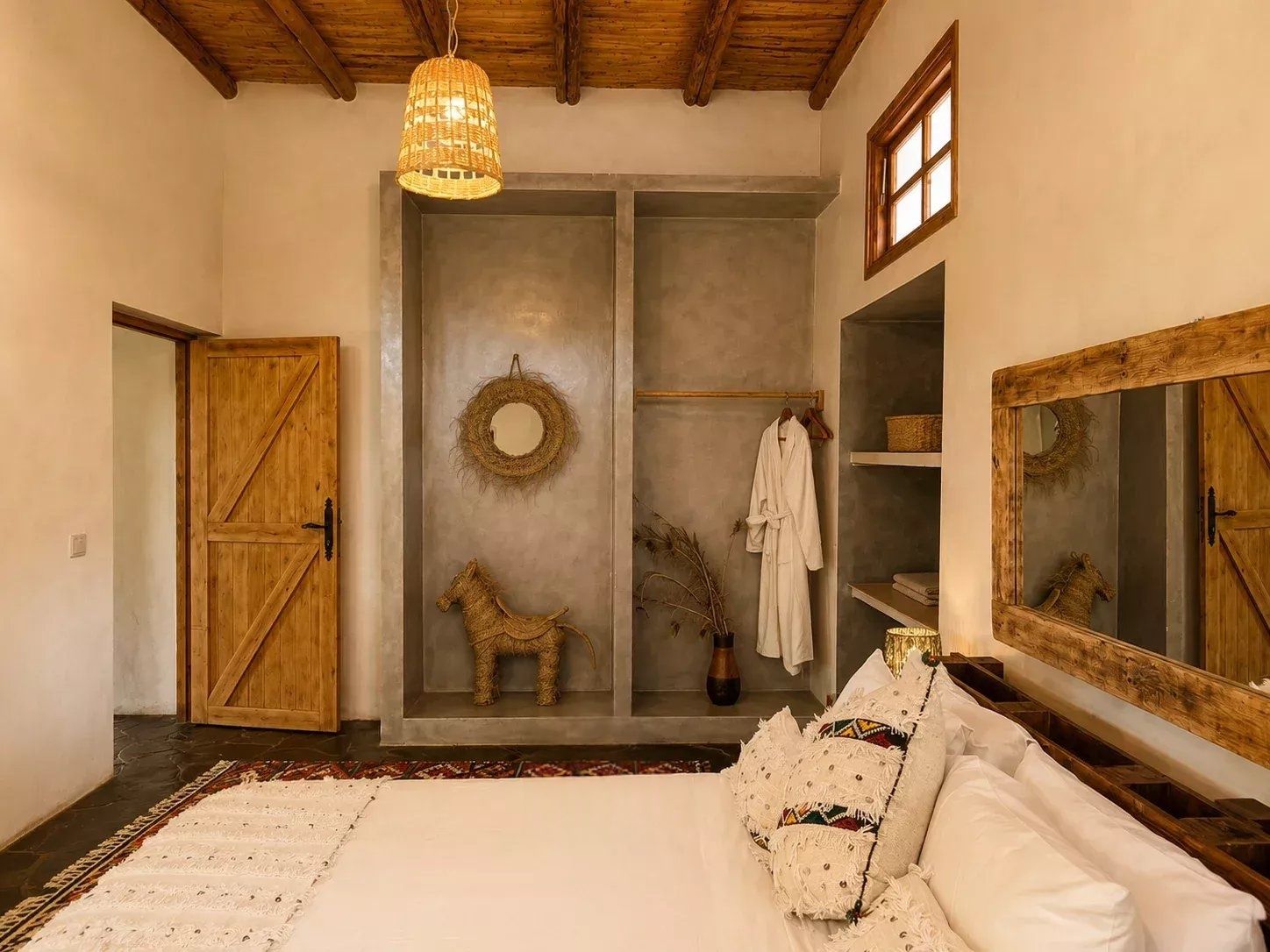 A bedroom with a large bed, a wooden wardrobe, a mirror, and a hanging light fixture.
