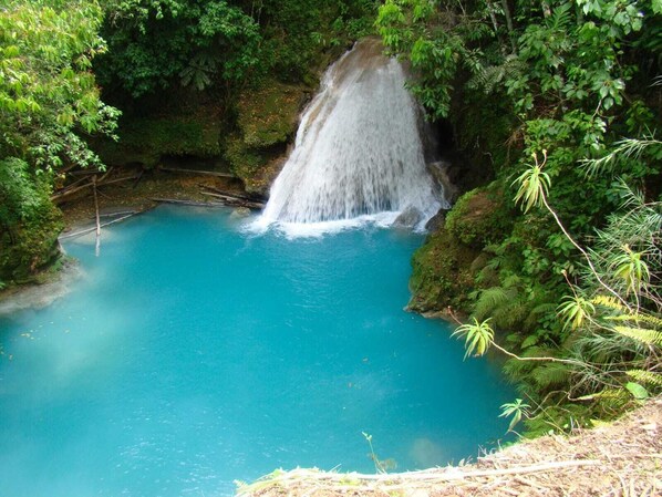 A natural waterfall cascading into a clear blue pool surrounded by lush greenery. - Stunning Views at sky Castles, Ocho Rios (Ocho Rios)