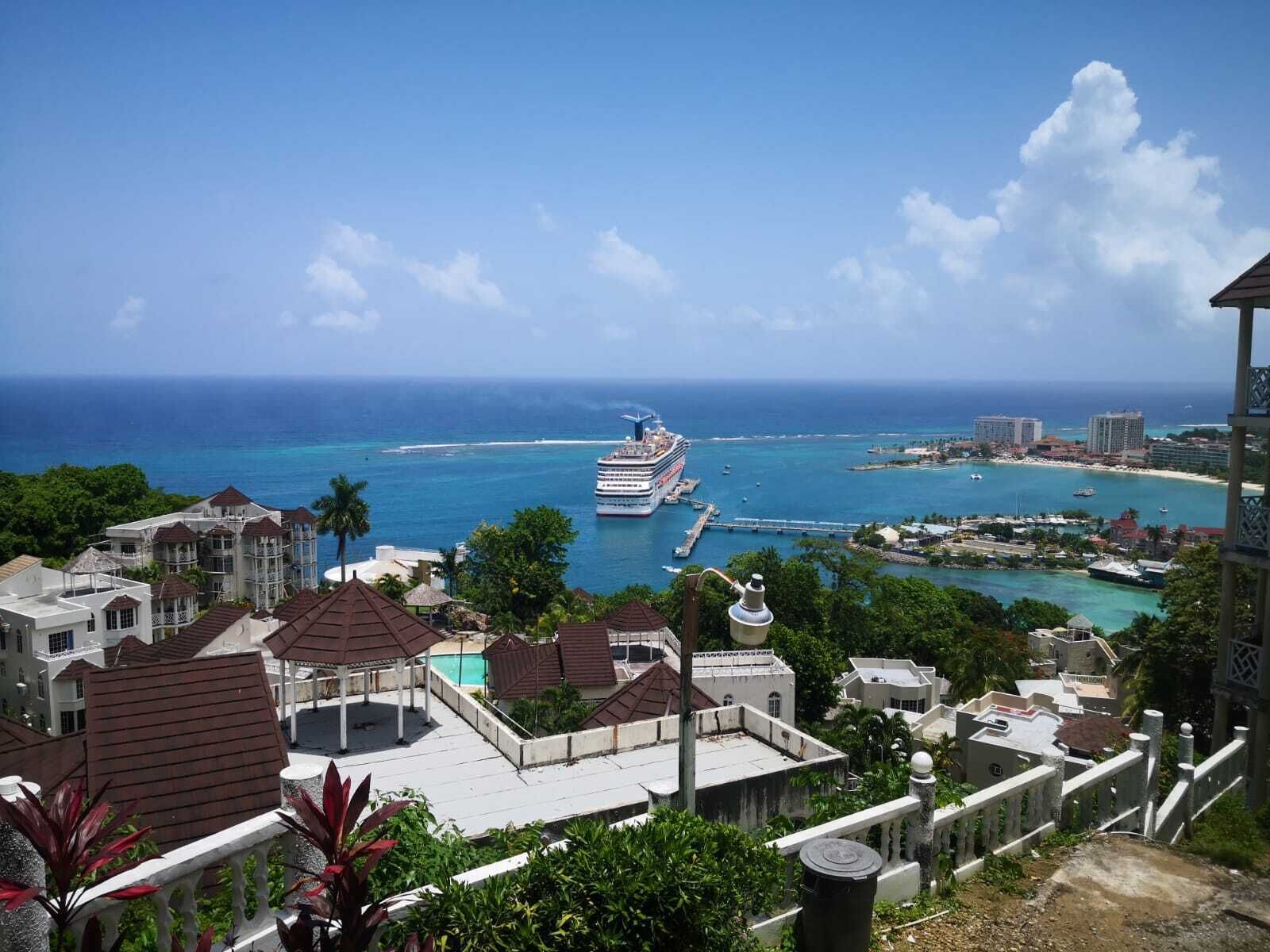 Un crucero atracado en un puerto, con vista a un pueblo costero y al océano.