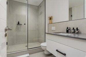 Ducha, secador de pelo, toallas, jabón