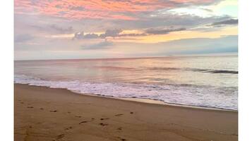 On the beach, sun loungers, beach towels