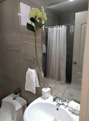 Een douche, een haardroger, handdoeken, zeep