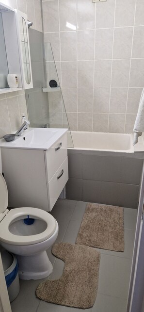 Bathtub, hair dryer, towels, toilet paper