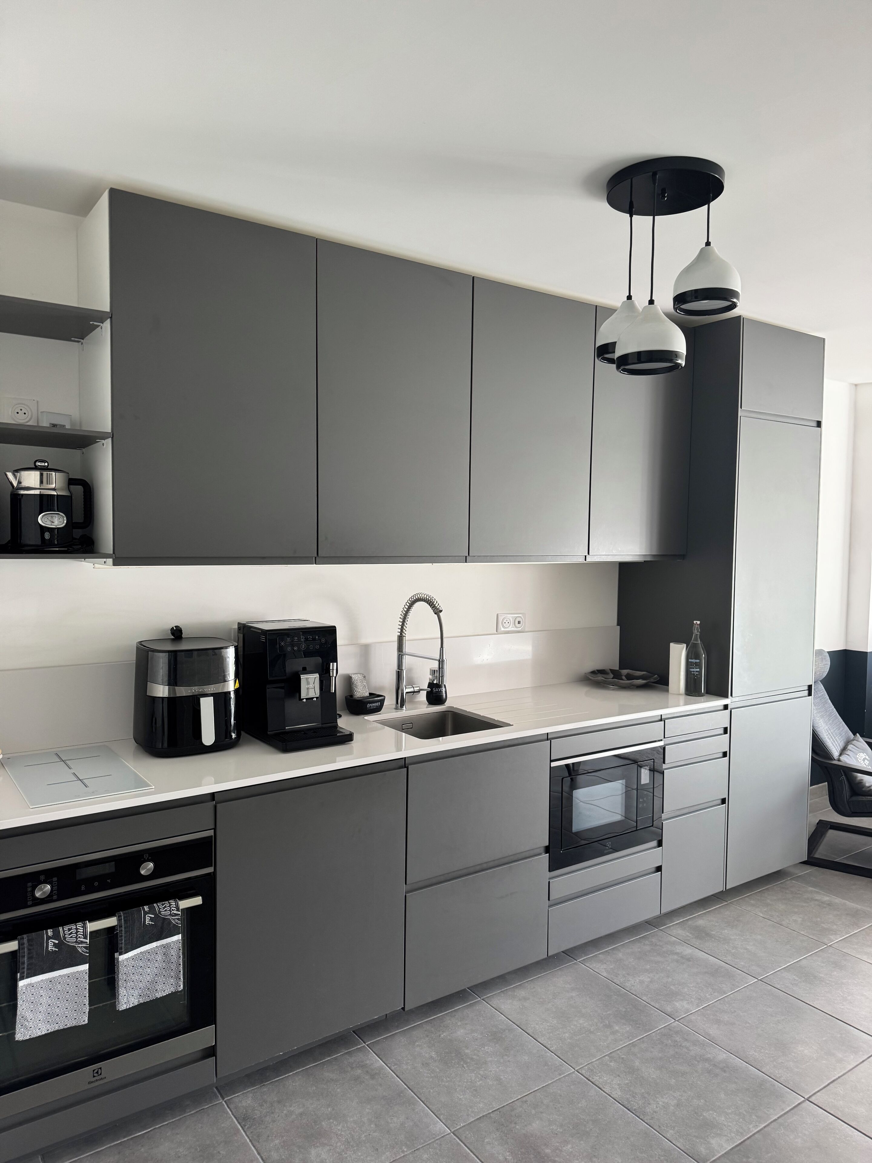 Frigorífico, microondas, horno y placa de cocina