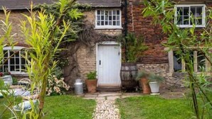 A stone pathway leading to a white door of a brick house with windows and potted plants.