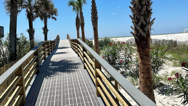 Une promenade en bois qui mène à une plage bordée de palmiers, sous un ciel bleu et dégagé.