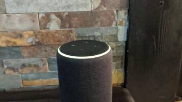 A smart speaker on a black surface against a stone wall.