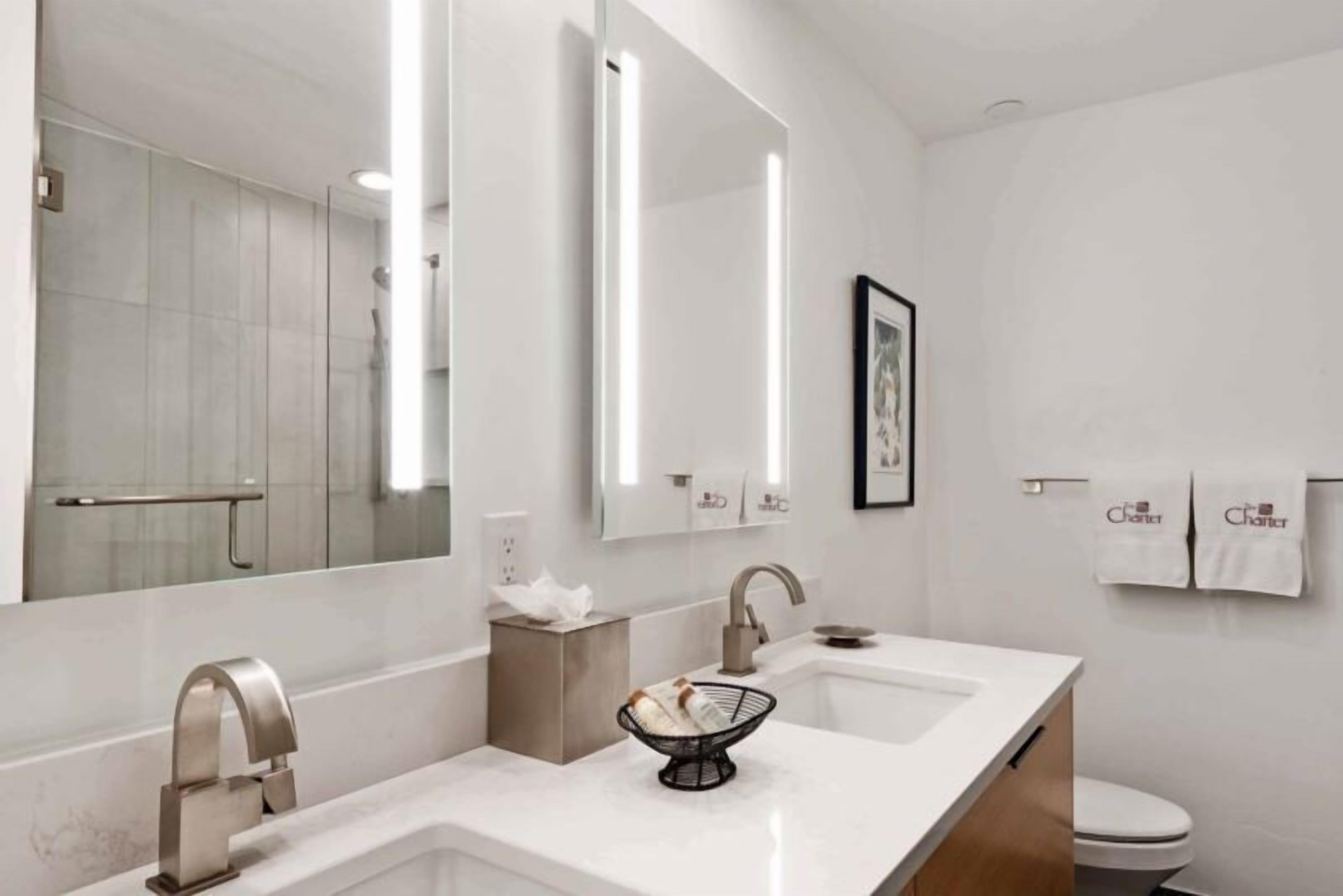 A modern bathroom with two sinks, a large mirror, and a framed picture on the wall.
