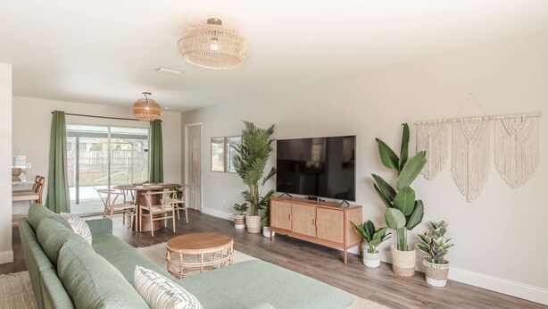 A modern living room with a green sofa, wooden coffee table, and a TV on a wooden cabinet. There are several potted plants and a macrame wall hanging.