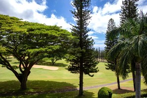 Un parcours de golf avec un ciel dégagé, des arbres et une pelouse bien entretenue.