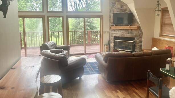Un vaste salon doté d’une cheminée en pierre, de grandes fenêtres et d’une terrasse en bois.
