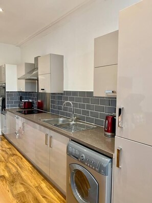 Apartment, 1 King Bed with Sofa bed | Private kitchen | Fridge, microwave, oven, stovetop