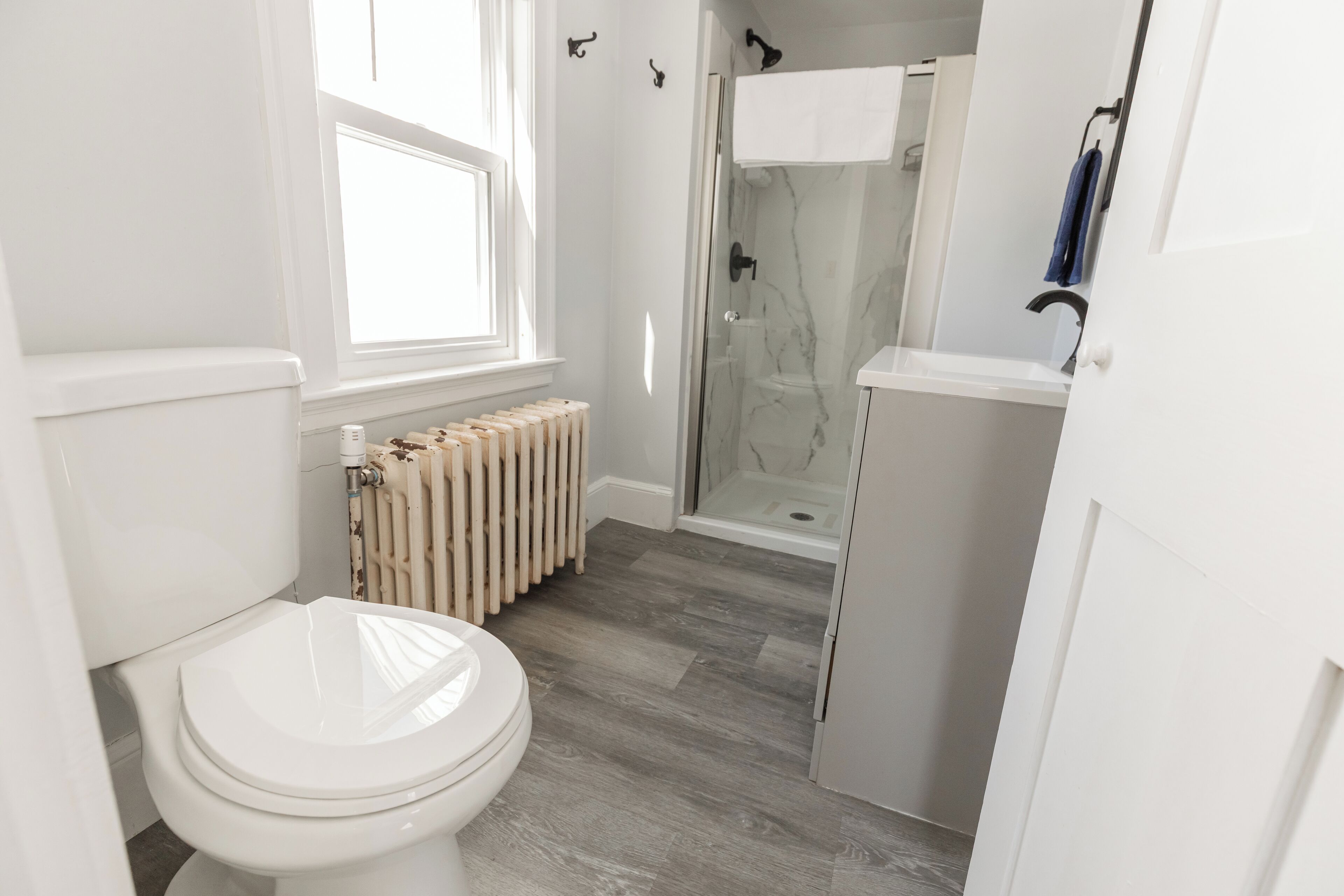 Une salle de bain comprenant des toilettes, une douche avec une porte en verre et un radiateur.