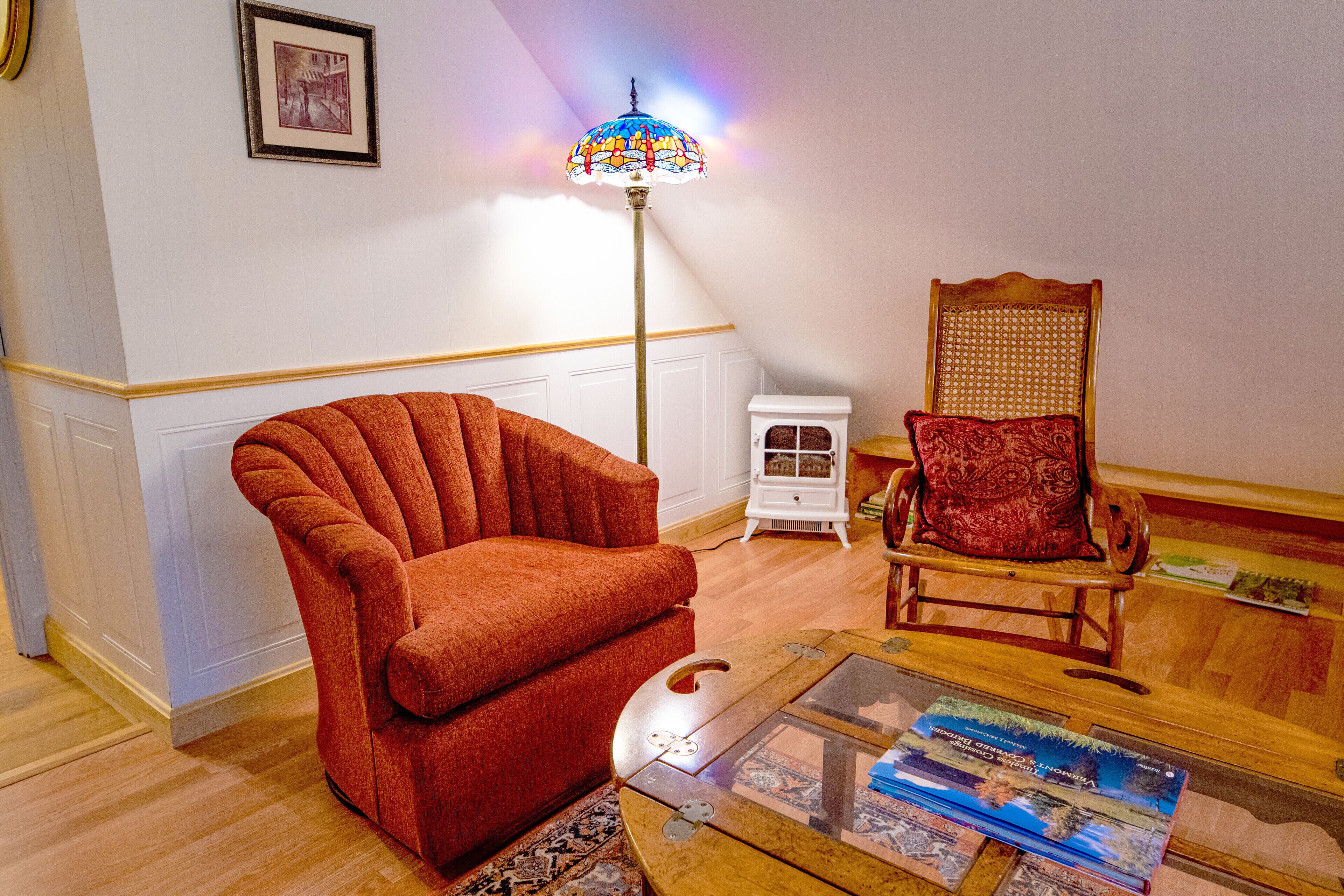 Smart TV, fireplace, books