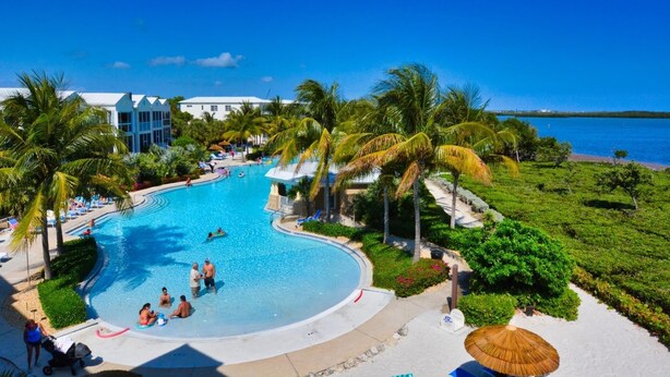 Una piscina d'hotel amb palmeres i vista a l'oceà.