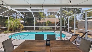 A covered patio with a wooden table and chairs, a pool, and a view of the backyard.