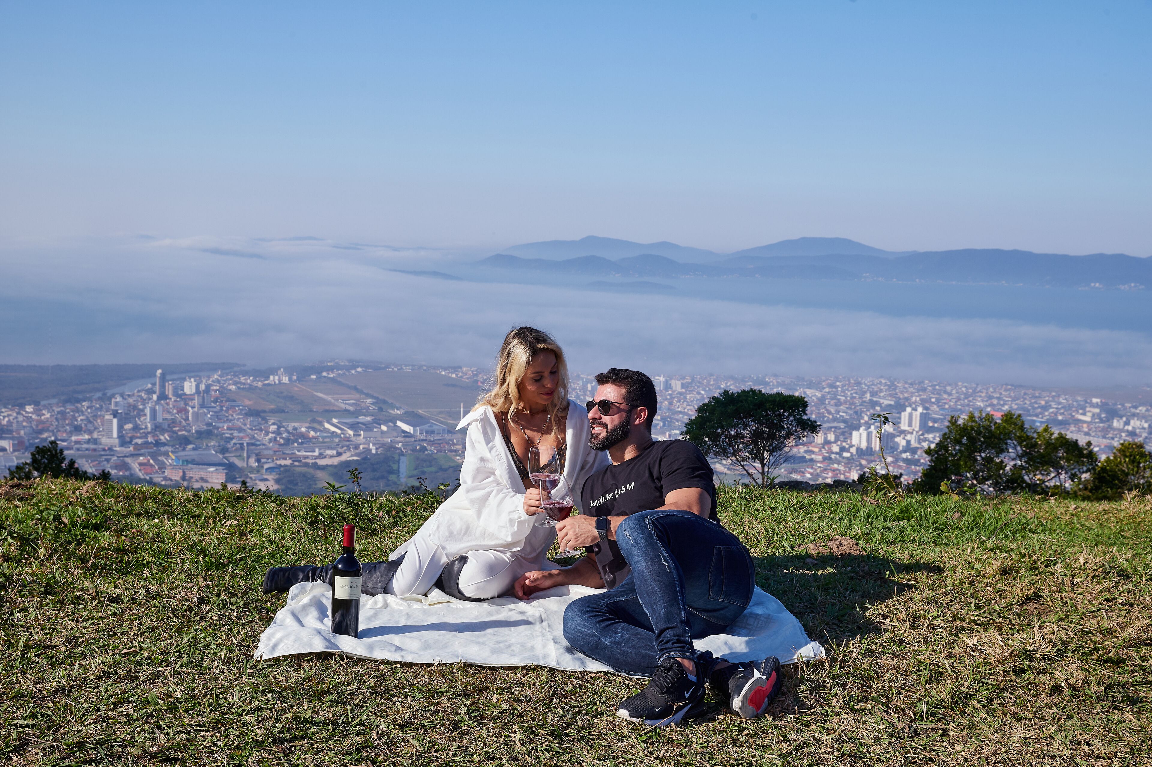 A couple on a blanket with a bottle of wine, overlooking a cityscape with mountains in the background.