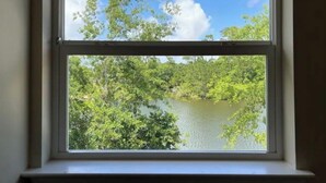 Una ventana con vistas a un lago rodeado de abundante vegetación y árboles.
