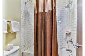 Shower, hair dryer, towels, soap - Studio Suite w/ Kitchenette @ Polynesian Hotel (Wisconsin Dells)