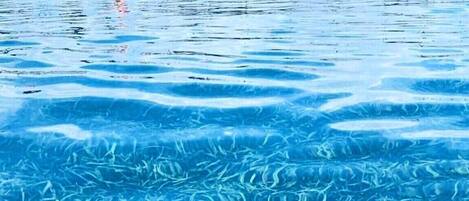 A clear view of a swimming pool with a bridge in the background.