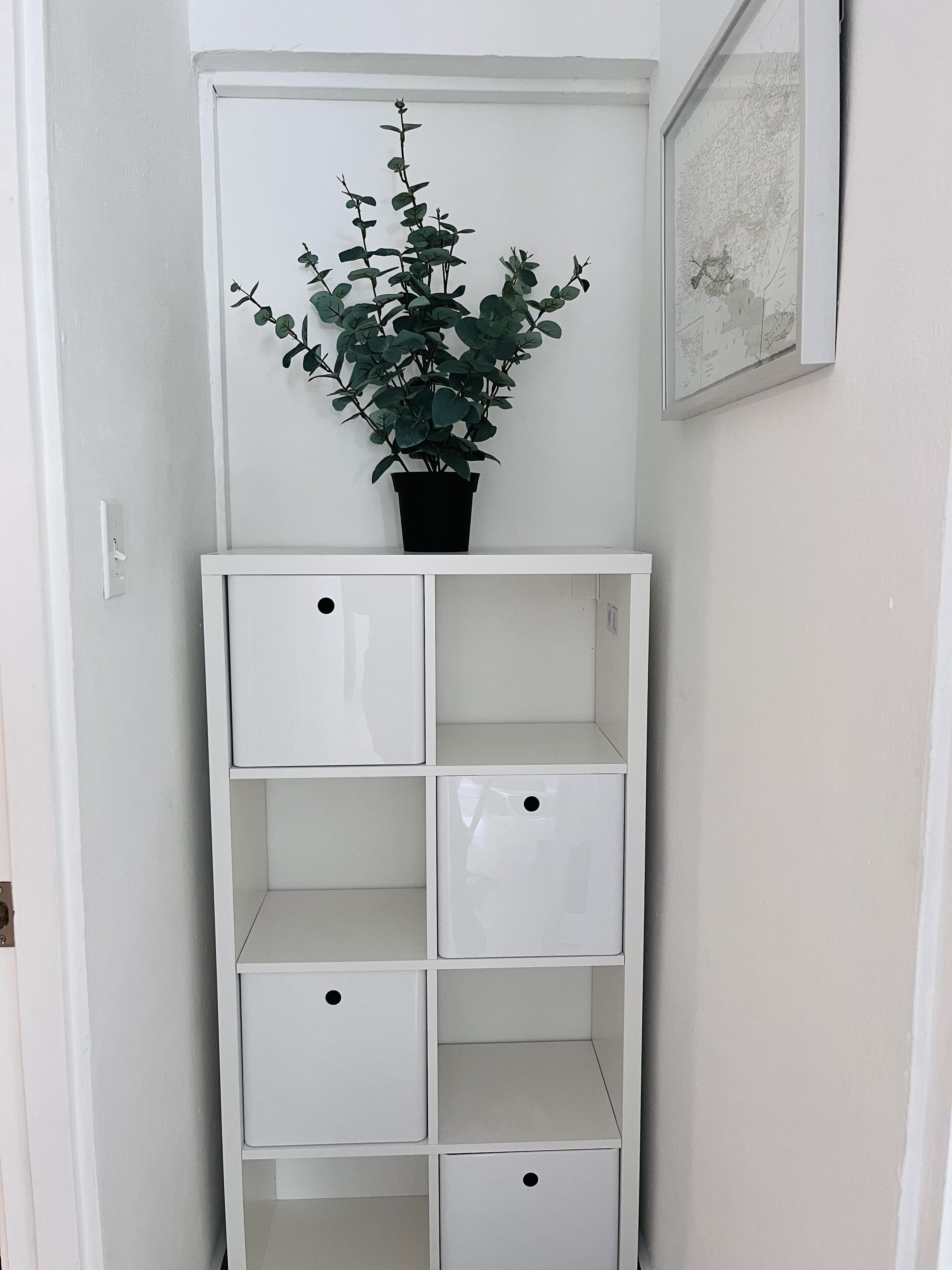Um armário branco com seis gavetas e uma planta em vaso no topo.