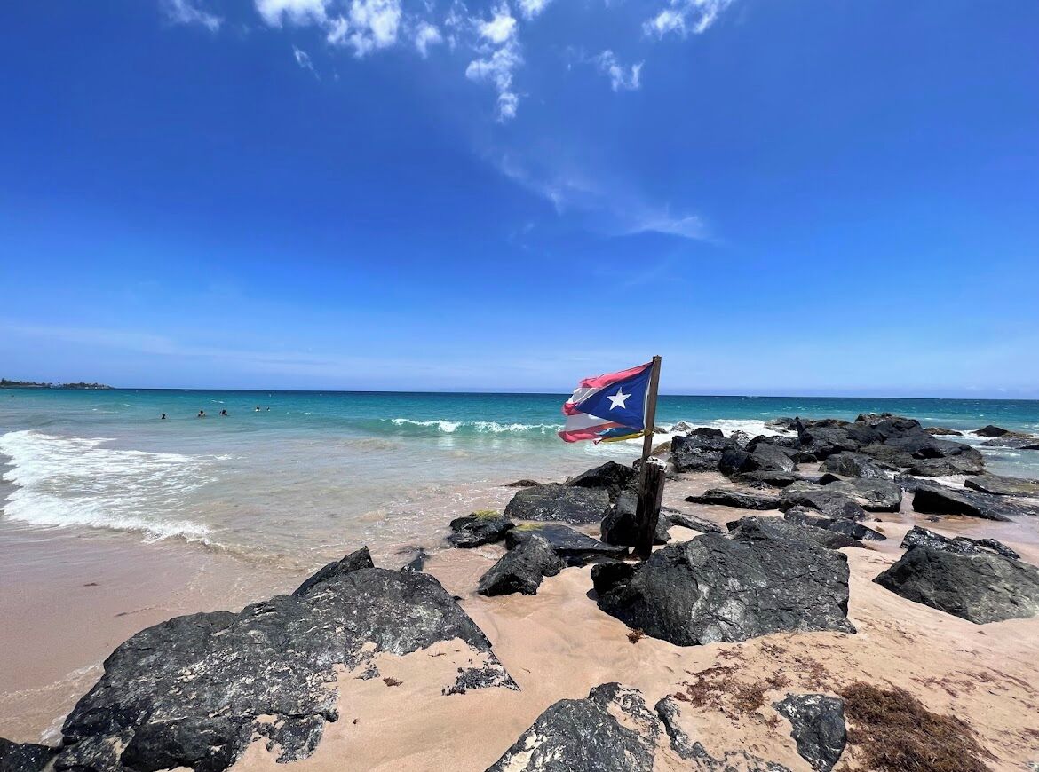 A beach with a flag on rocks, clear blue sky, and ocean waves.