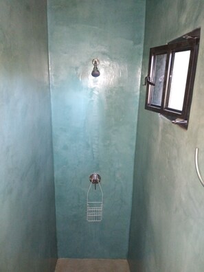 Regadera, toallas, jabón, shampoo 