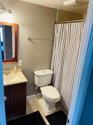 Combined shower/tub, soap, toilet paper