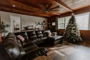 Smart TV, caminetto, lettore DVD, libri