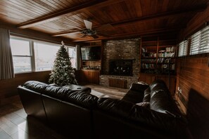 Smart TV, fireplace, DVD player, books