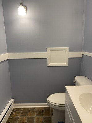 A bathroom with a toilet, a sink, and a wall-mounted light fixture. - On The St. Lawrence River & in Downtown Alexandria Bay! (Alexandria Bay)