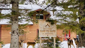 A wooden cabin named "Camp de Base" surrounded by snow-covered ground and trees. - BASE CAMP LA CONCEPTION (La Conception)