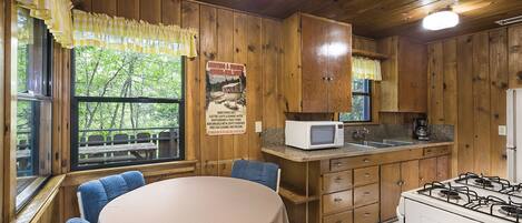A wooden cabin kitchen with a round table, blue chairs, a stove, a microwave, and a view of the outdoors.