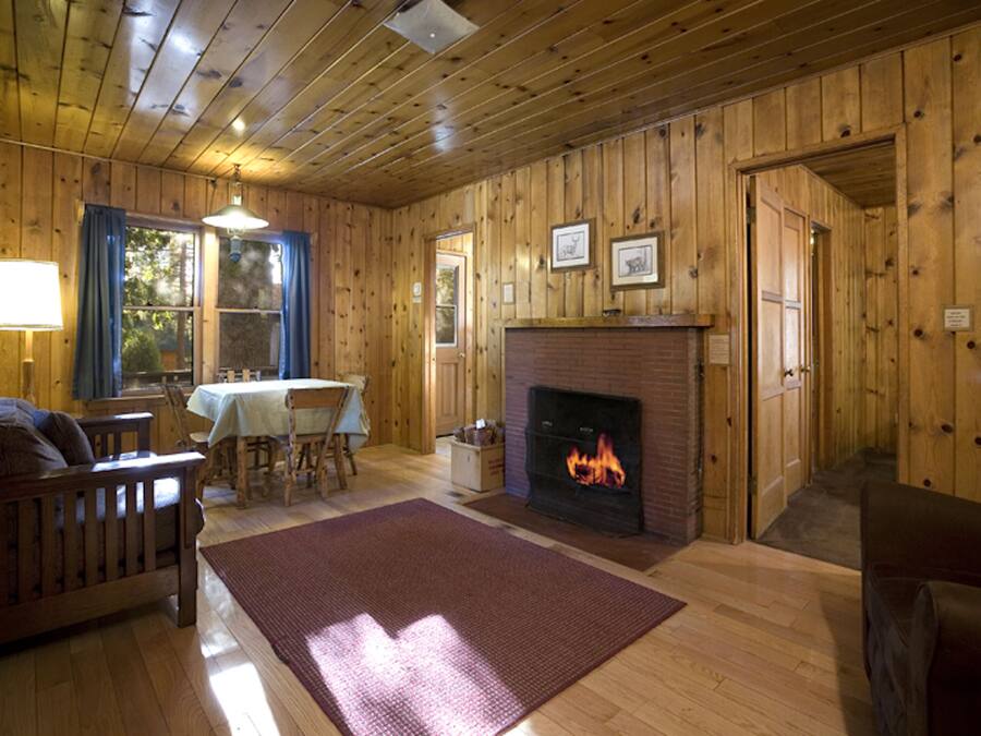 A cozy cabin interior with a fireplace, wooden walls, a dining area, and a large rug.