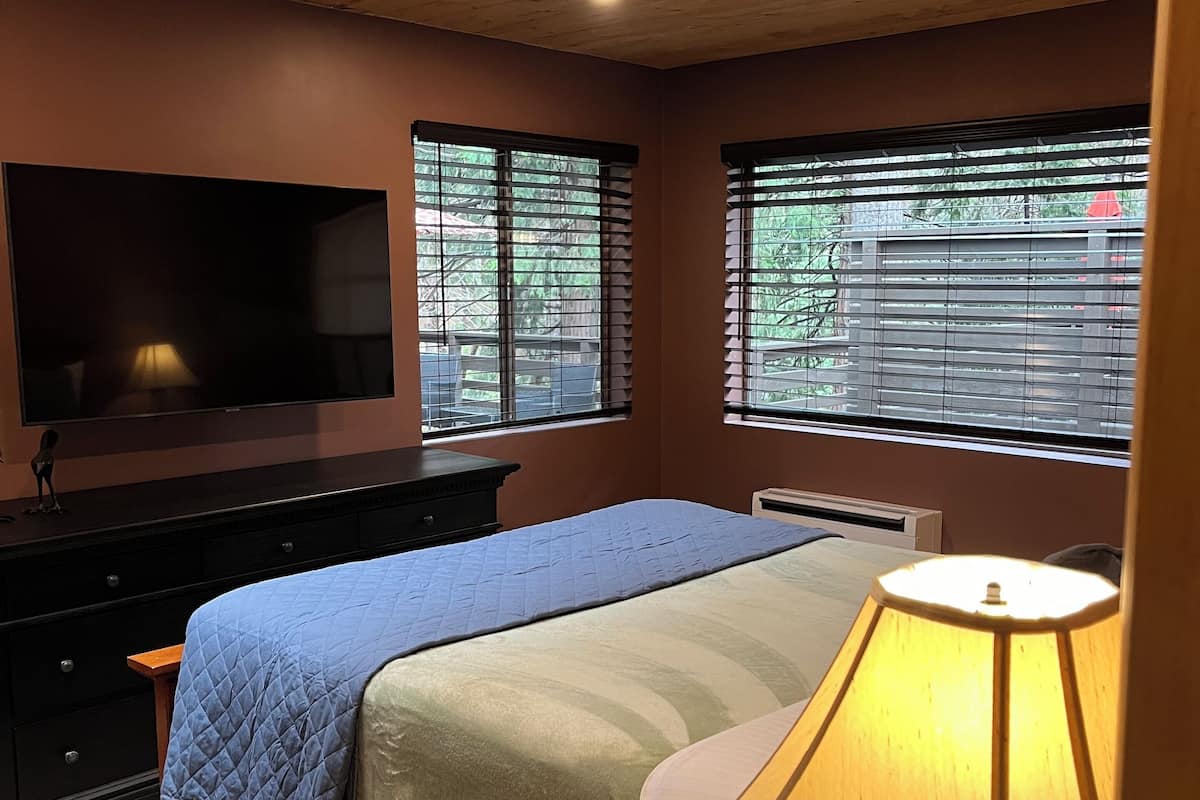 A bedroom with a bed, a TV, a dresser, and two windows with blinds.