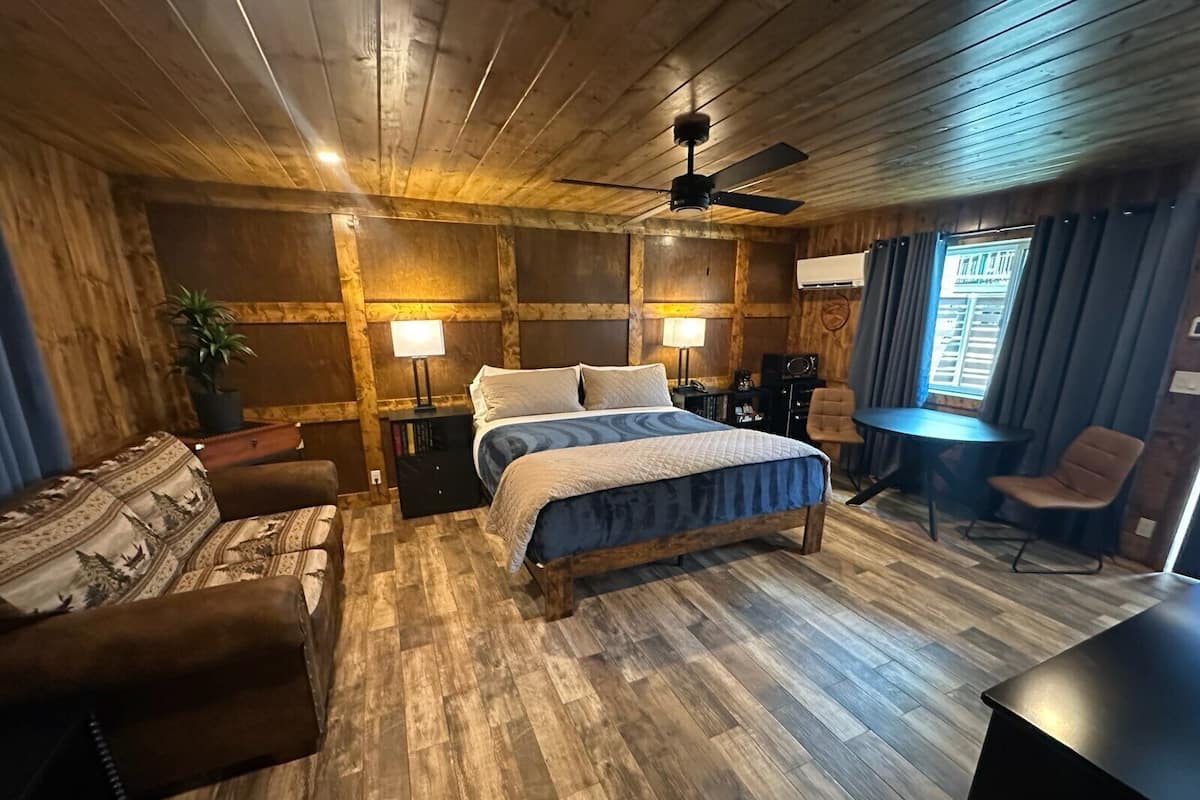A room with a bed, a desk, a chair, a plant, and a ceiling fan.
