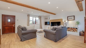 Smart TV, fireplace, Netflix, books