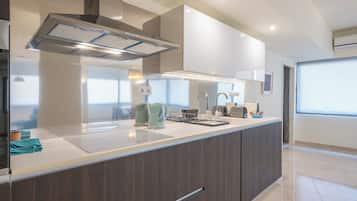 Departamento | Cocina privada | Refrigerador con congelador, horno, parrilla de estufa y lavavajillas