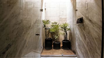 Une salle de bain avec un plancher en bois, des murs en marbre et trois plantes en pot.
