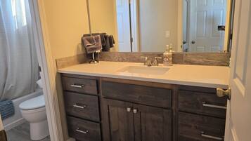 Tina con regadera, secadora de cabello, toallas, jabón