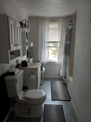 Duschwanne, Haartrockner, Handtücher, Seife