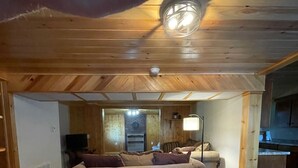 Una sala acogedora con piso de madera, un sofá y una lámpara en el techo.