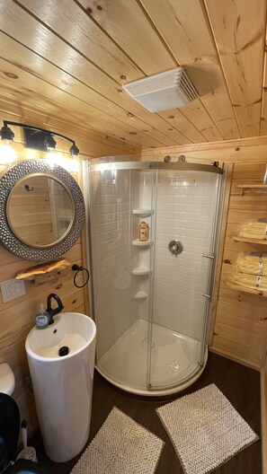 Shower, hair dryer, towels, soap